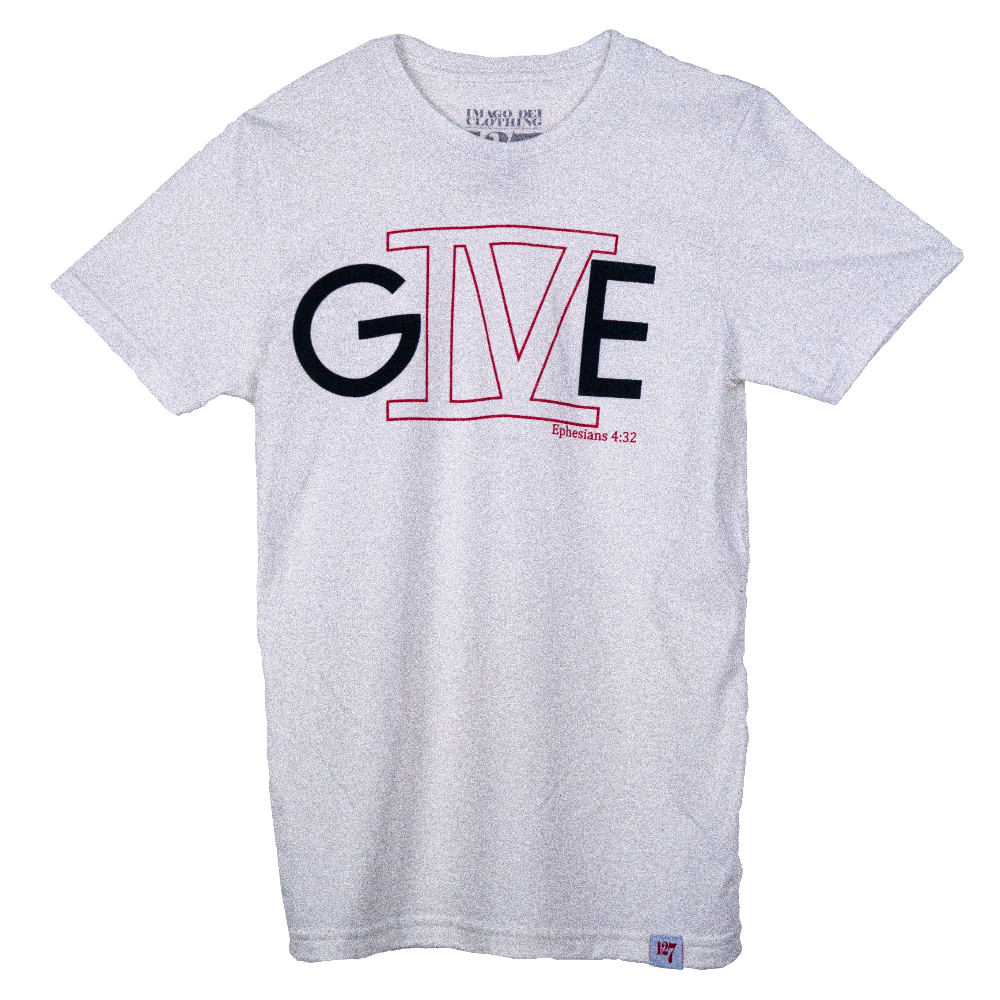 White t-shirt with the letter G with the roman numeral 4 followed by the letter E to spell out GIVE.