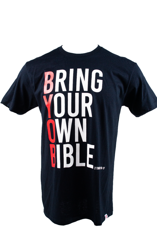 Black t-shirt with the words Bring Your Own Bible written going down the front of the shirt.