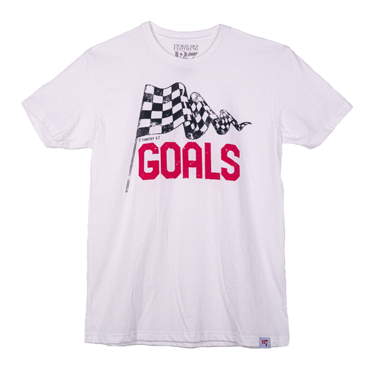 White T-shirt with the word Goals across the front underneath a checkered flag. The verse 2 Timothy 4:7