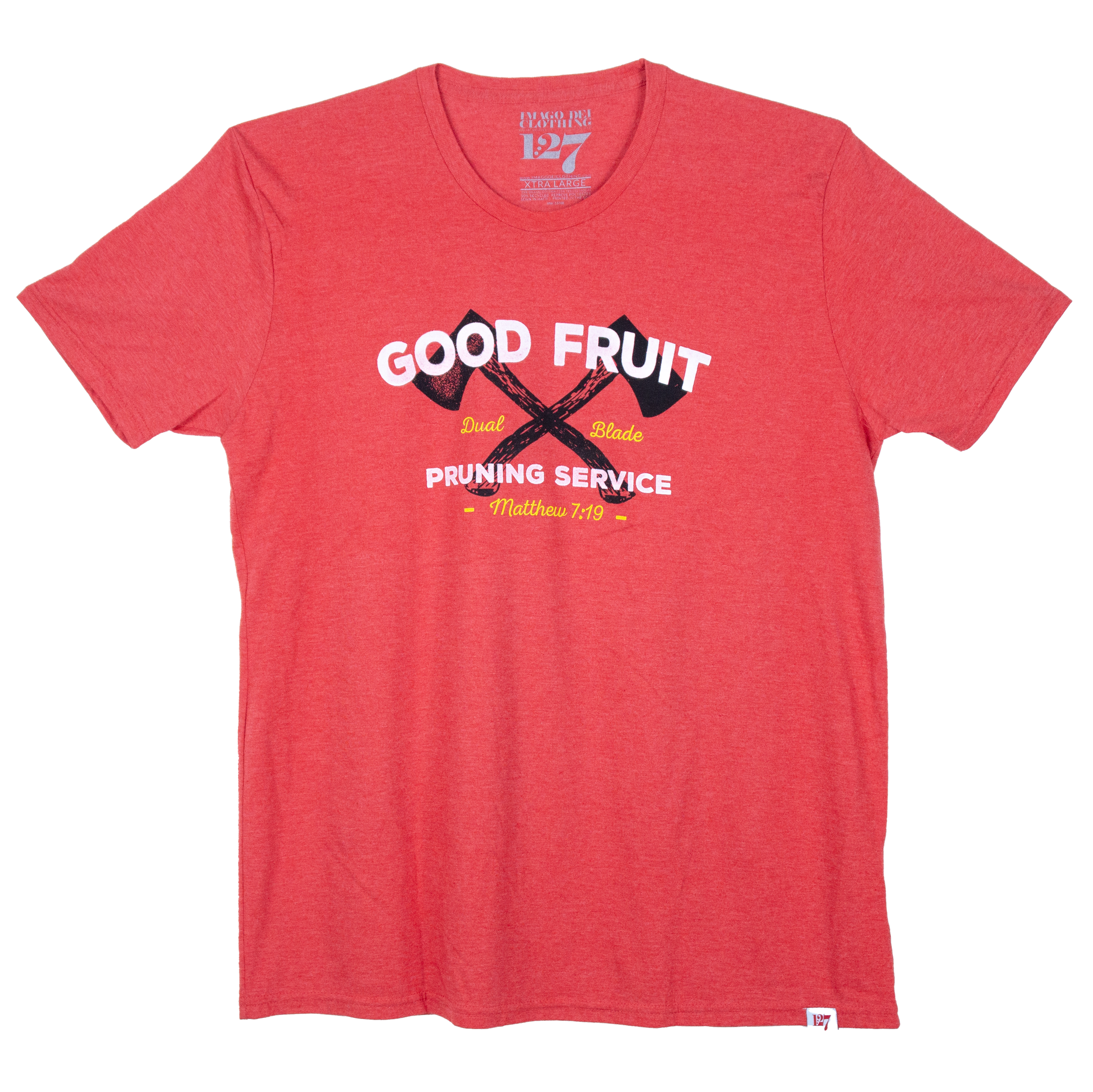 Red shirt with two axes and the words Good Fruit arched around the top. The verse that is mentioned is Matthew 7:19.