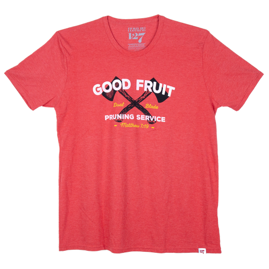 Red shirt with two axes and the words Good Fruit arched around the top. The verse that is mentioned is Matthew 7:19.