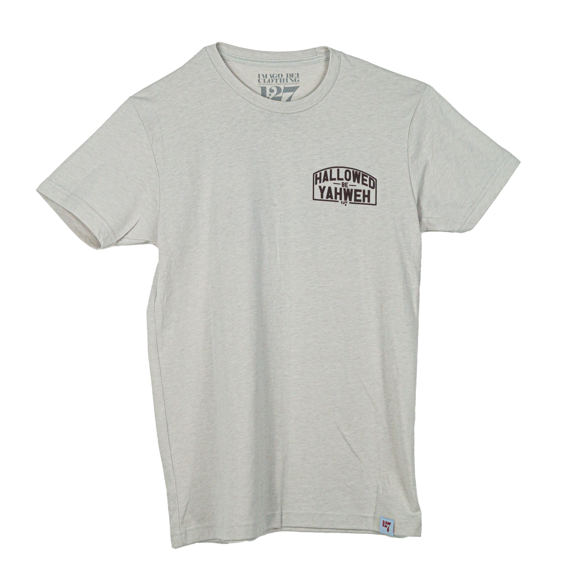 Sand Colored t-shirt with front design the says Hallowed Be Yahweh, full back design says Hallowed be Yahweh.