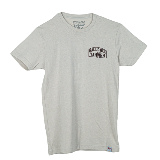 Sand Colored t-shirt with front design the says Hallowed Be Yahweh, full back design says Hallowed be Yahweh.