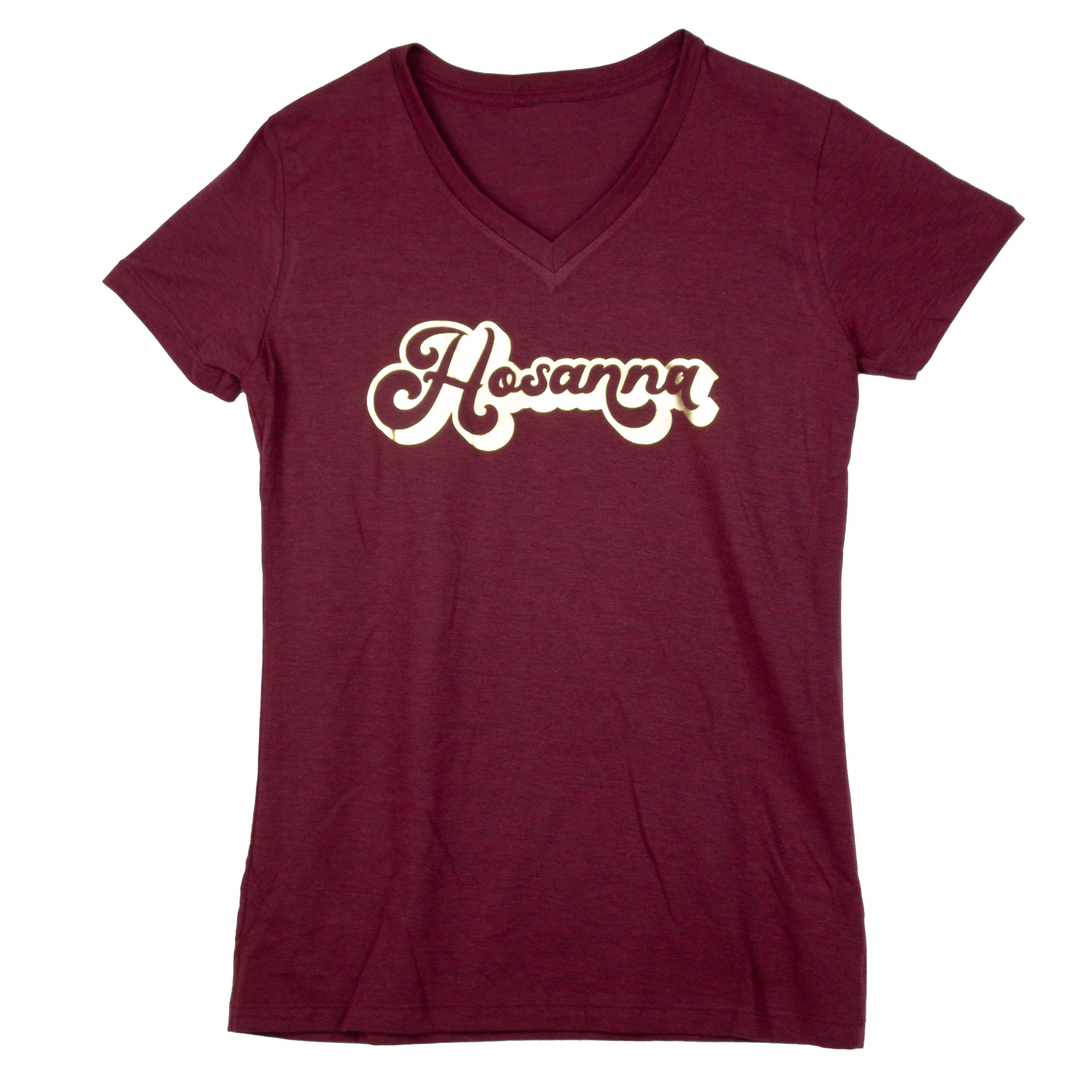 Burgundy short sleeve shirt with gold hosanna written across the front.
