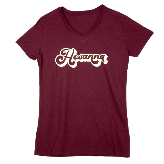 Burgundy short sleeve shirt with gold hosanna written across the front.