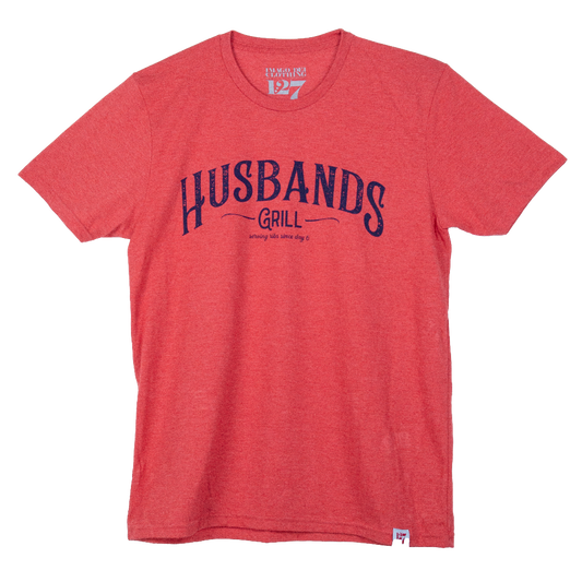 Red t-shirt with the word Husbands Grill in navy blue.