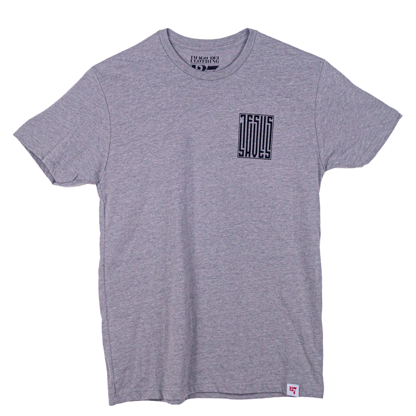 T-shirt with a barcode that says Jesus Saves on the left chest and fully down the back of the shirt.