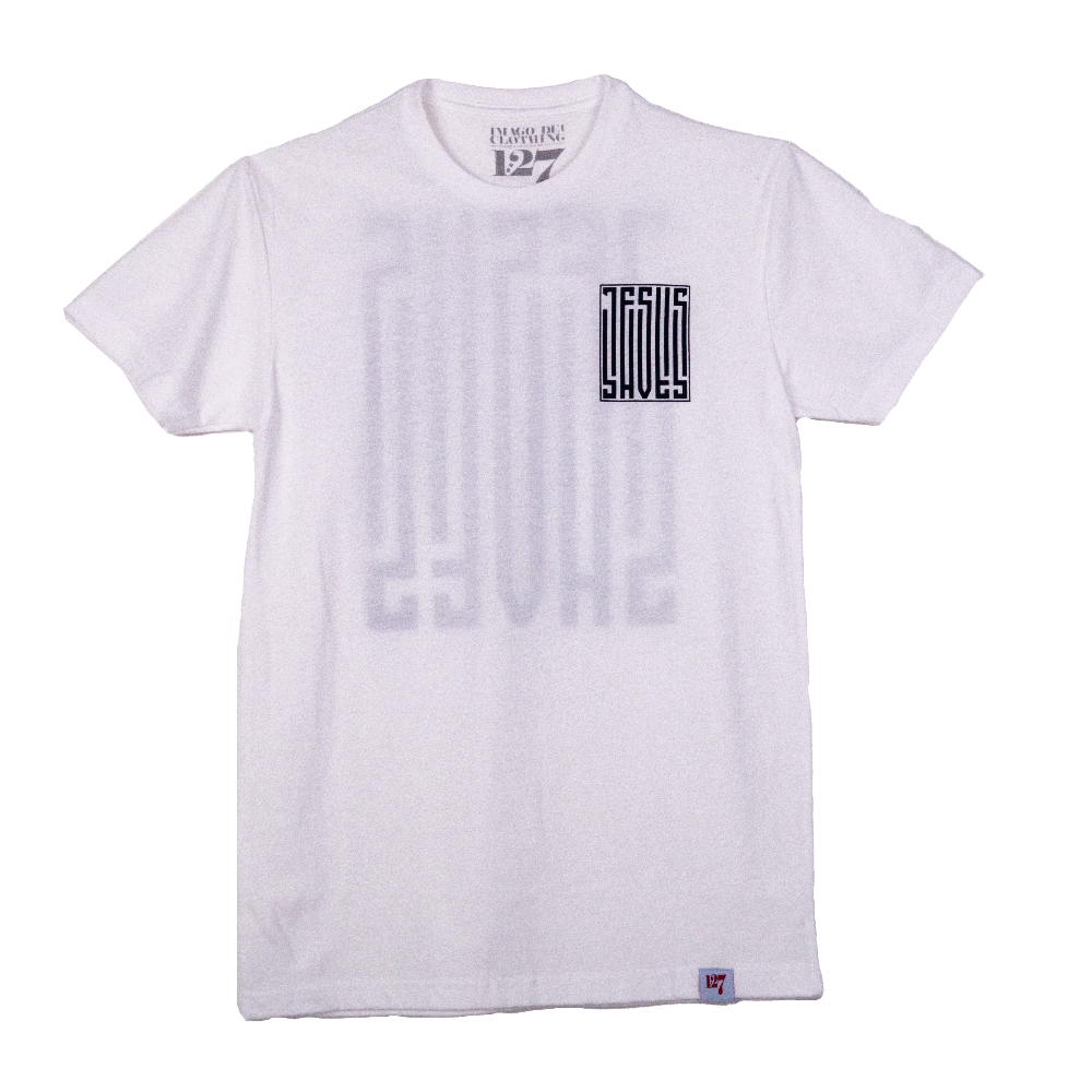 T-shirt with a barcode that says Jesus Saves on the left chest and fully down the back of the shirt.