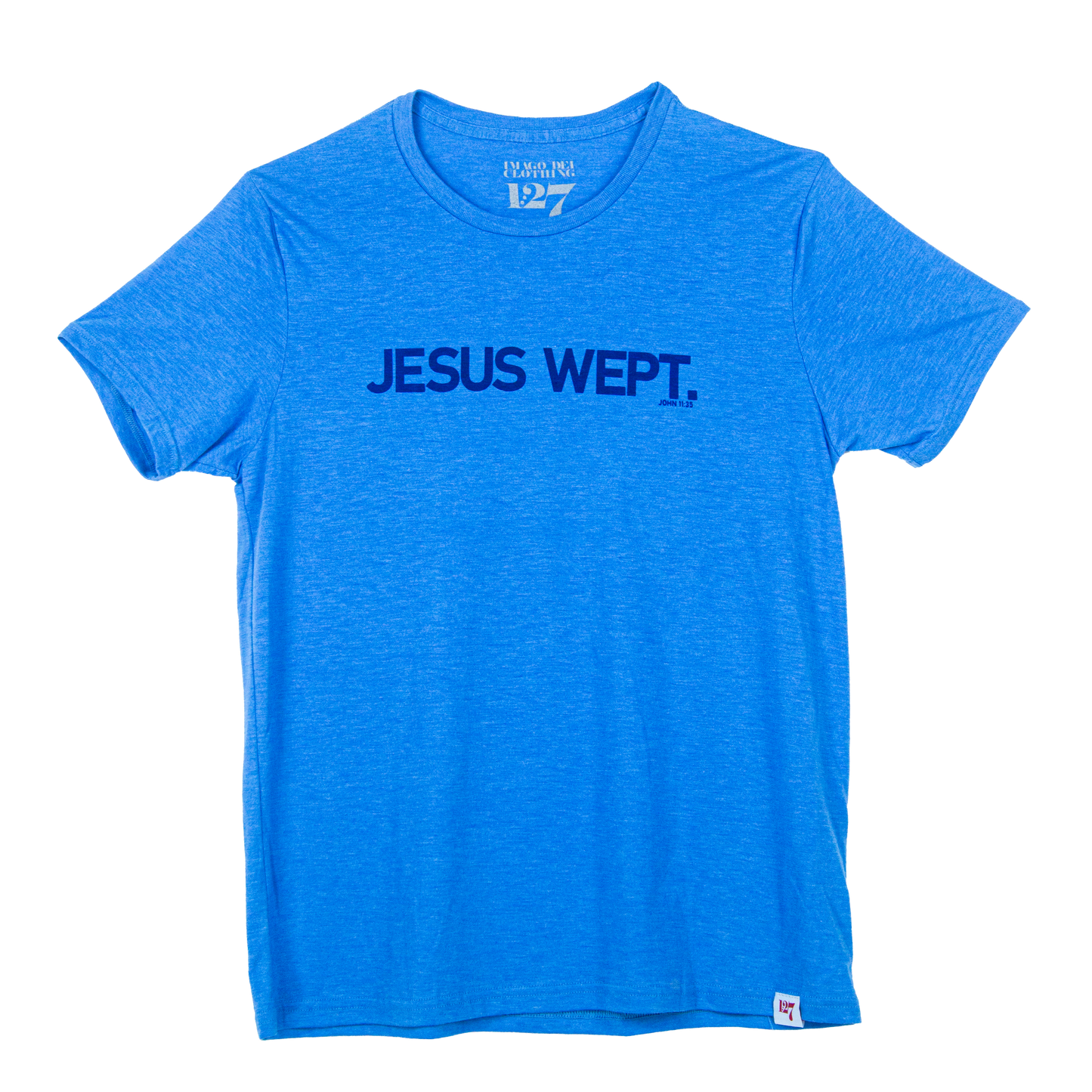 Light blue t-shirt with the words Jesus Wept across the chest. Verse is referencing John 11:35.