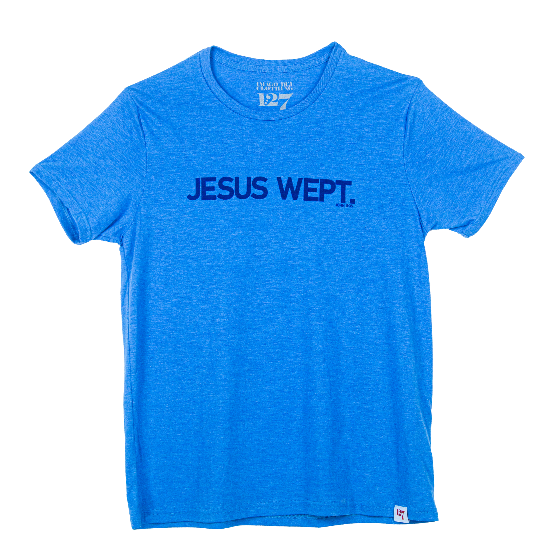 Light blue t-shirt with the words Jesus Wept across the chest. Verse is referencing John 11:35.