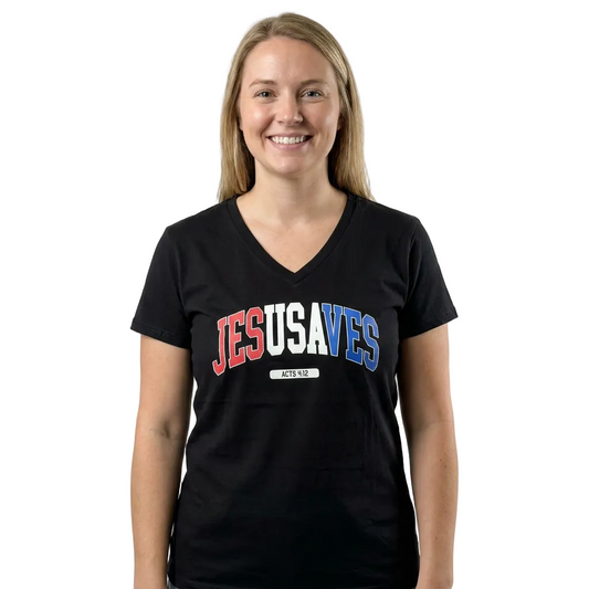 white woman wearing a black v-neck t-shirt that says "Jesusaves" across the front.