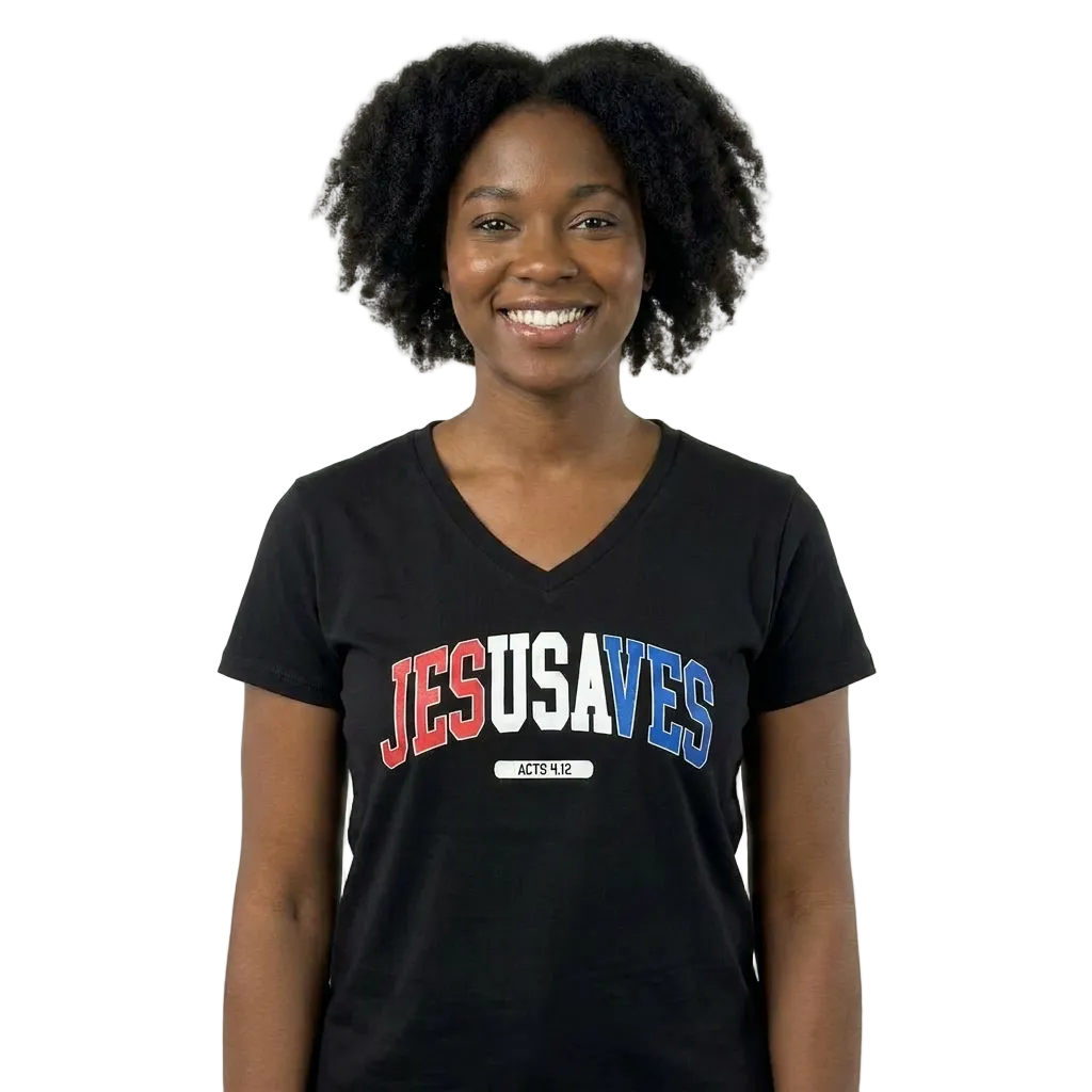 African American woman wearing a black v-neck t-shirt with the words "Jesusaves" across the front.