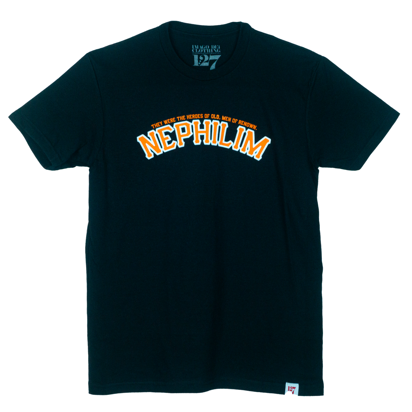 Black Shirt with the Word Nephilim written across the chest with orange ink. Inspired by the San Fransisco Giants logo.