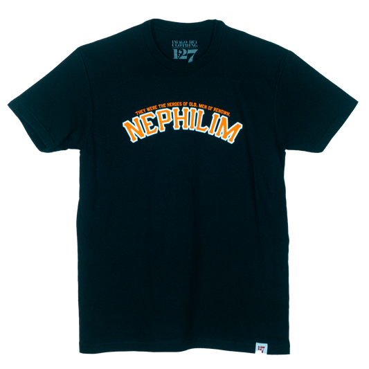 Black Shirt with the Word Nephilim written across the chest with orange ink. Inspired by the San Fransisco Giants logo.