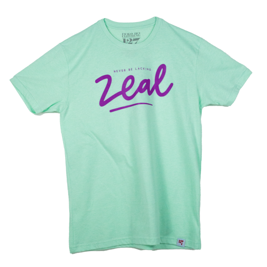 Lite Teal t-shirt that has the words, Never be Lacking Zeal across the chest of the Shirt.