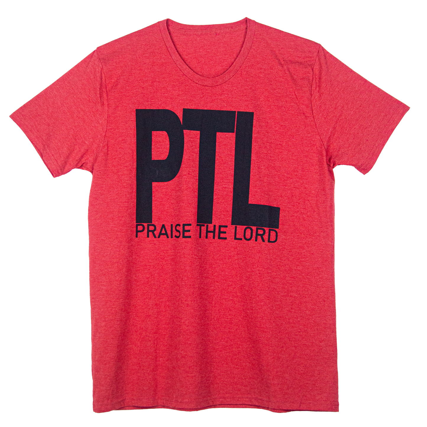 Red t-shirt with black letters that say PTL. PTL means Praise The Lord.