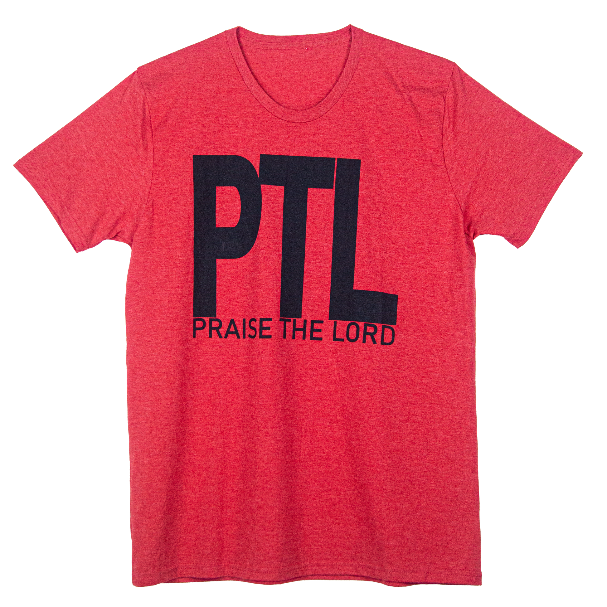 Red t-shirt with black letters that say PTL. PTL means Praise The Lord.