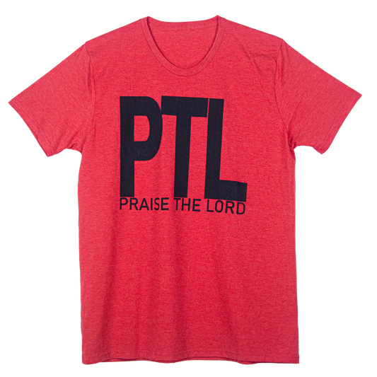 Red t-shirt with black letters that say PTL. PTL means Praise The Lord.