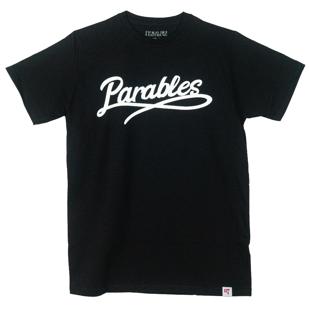 Parables t-shirt Black shirt with white script writing.