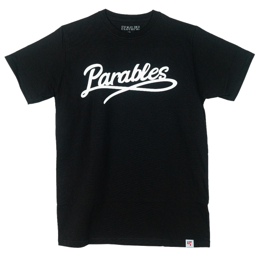 Parables t-shirt Black shirt with white script writing.
