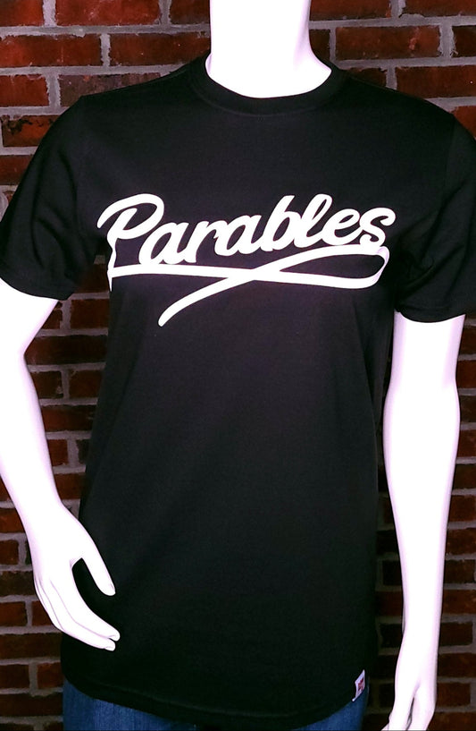 Black Shirt with the word Parables written in a script.