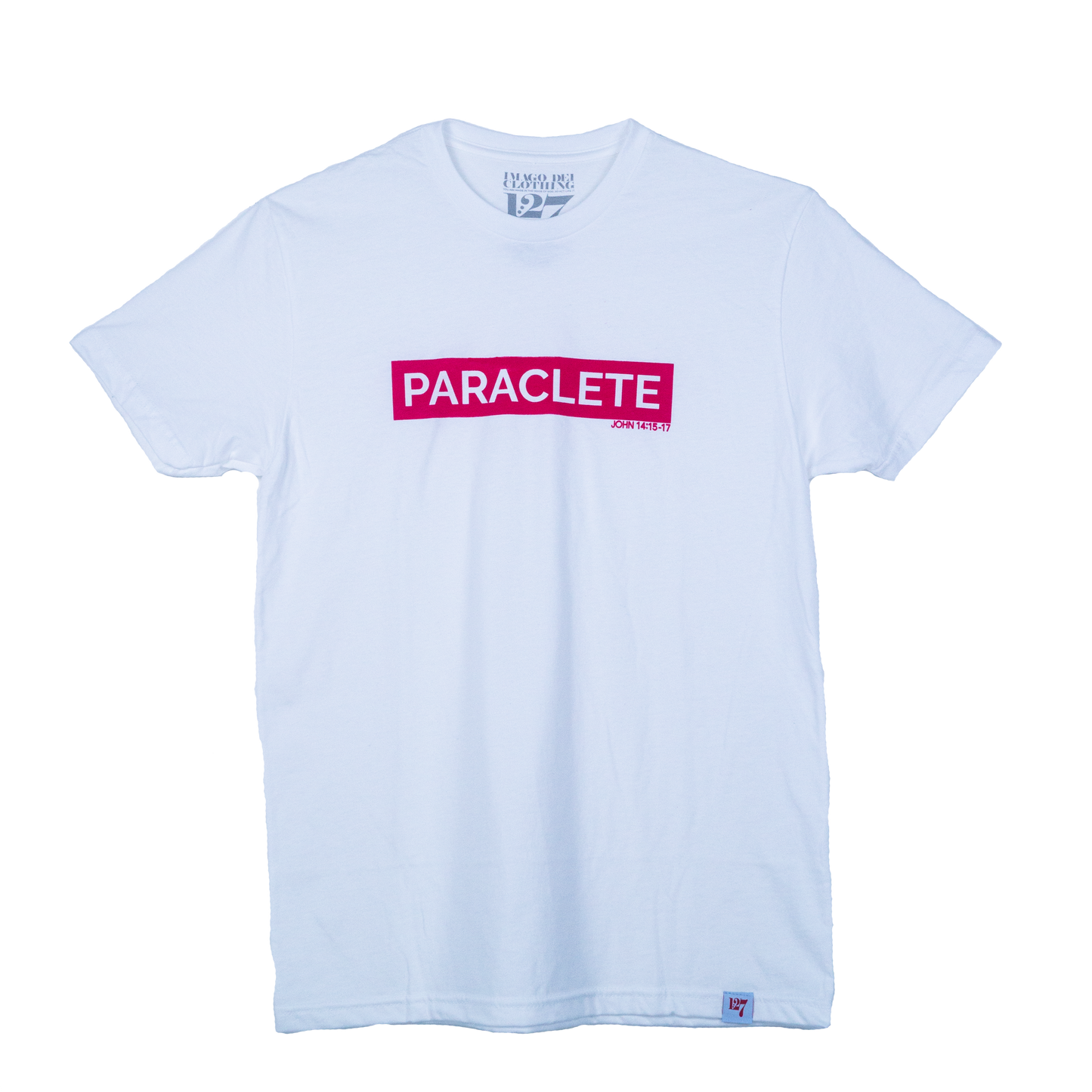 White t-shirt with the word Paraclete in red block. Reference to John 14:15-17