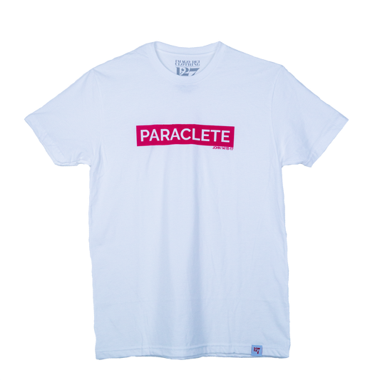 White t-shirt with the word Paraclete in red block. Reference to John 14:15-17
