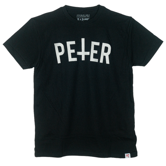 Black Shirt with a Petrine Cross on the front in the name of Saint Peter.