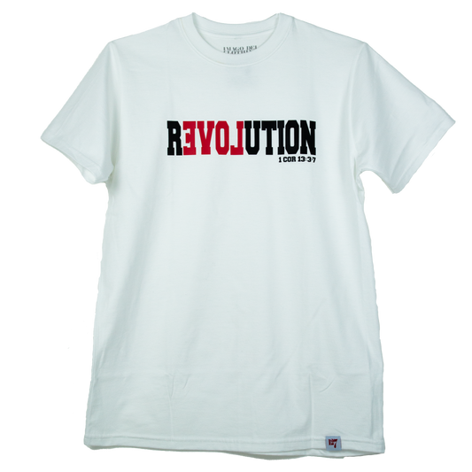 White t-shirt with the word Revolution with the letters LOVE in reverse on the shirts to reflect love.