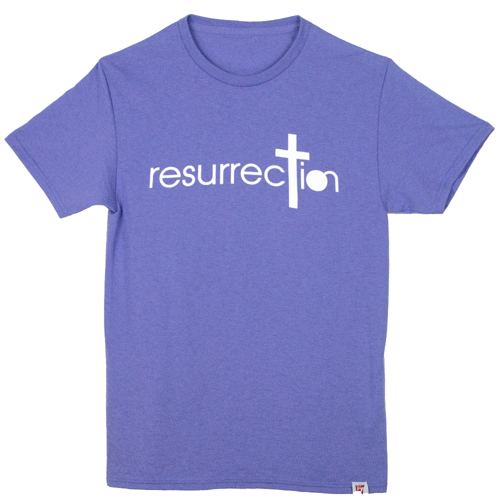 Purple T-shirt with the word Resurrection written across the chest.