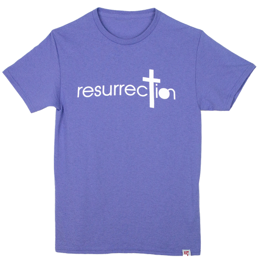 Purple T-shirt with the word Resurrection written across the chest.