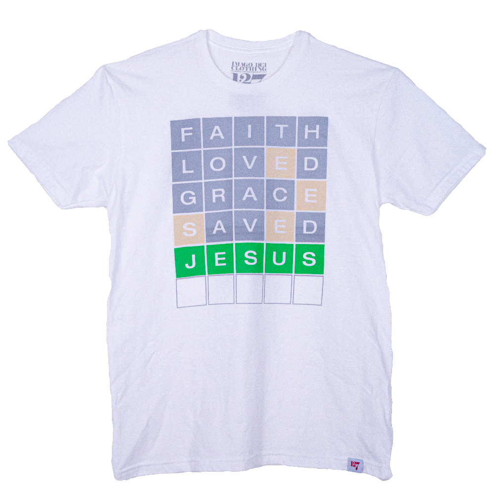 White T-shirt with the words Faith, Loved, Grace, Saved, and Jesus in a format of the game Wordle.