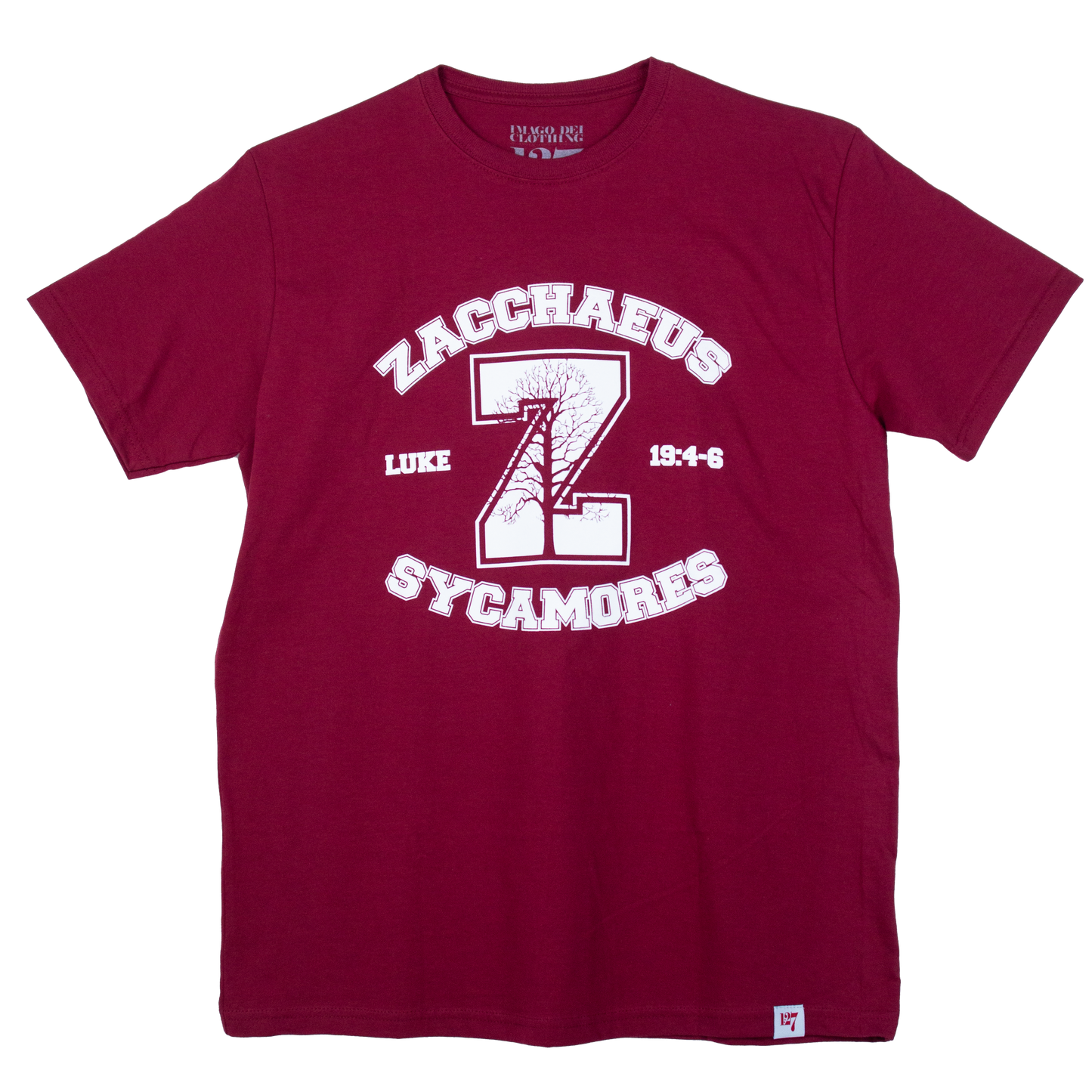Maroon Zacchaeus Sycamore shirt with white ink across the chest. Referencing the verse Luke 19:4-6.