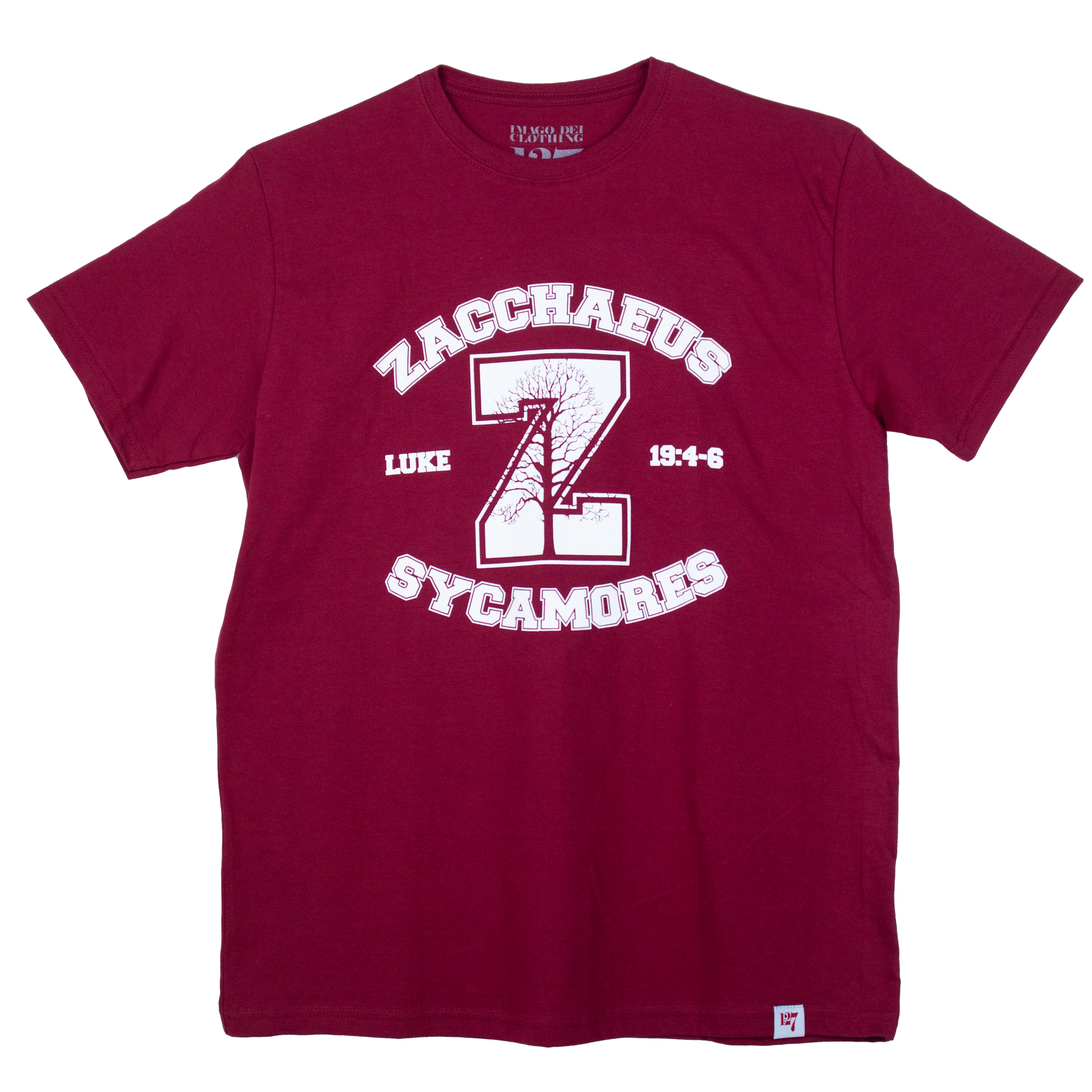 Maroon Zacchaeus Sycamore shirt with white ink across the chest. Referencing the verse Luke 19:4-6.
