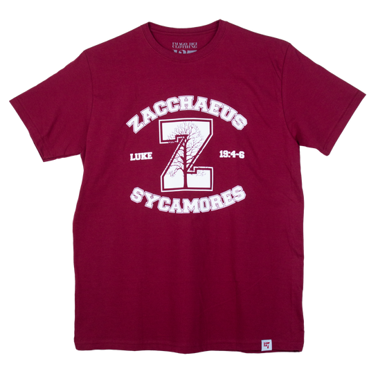 Maroon Zacchaeus Sycamore shirt with white ink across the chest. Referencing the verse Luke 19:4-6.