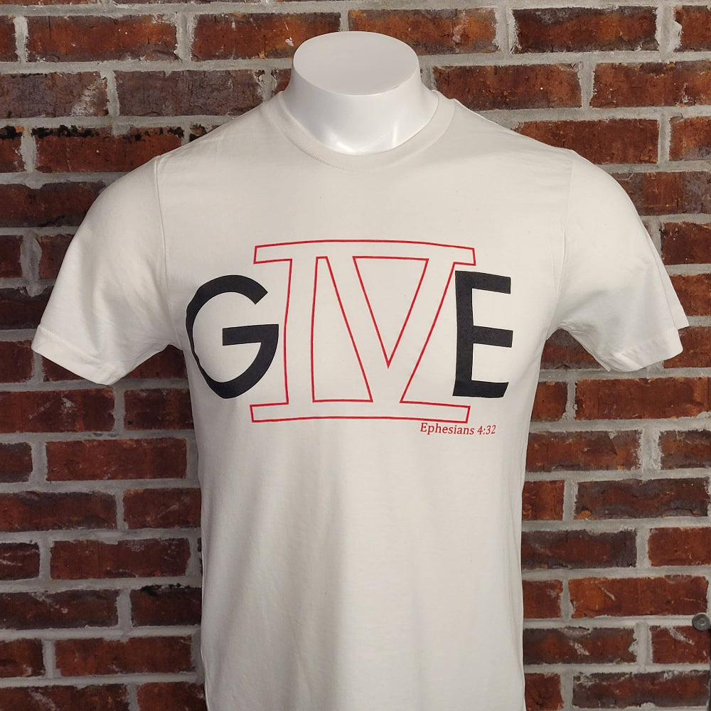 White t-shirt with the letter G with the roman numeral 4 followed by the letter E to spell out GIVE.