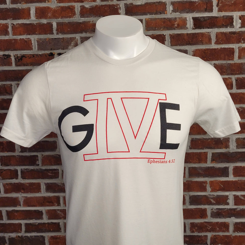White t-shirt with the letter G with the roman numeral 4 followed by the letter E to spell out GIVE.
