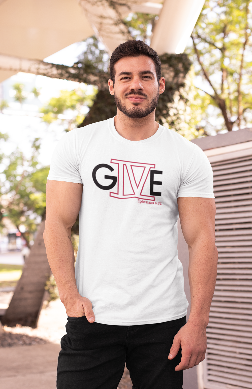 White t-shirt with the letter G with the roman numeral 4 followed by the letter E to spell out GIVE.