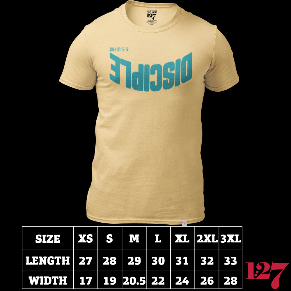 Yellow shirt with the Word Disciple upside down on it. The verse is pointing to John 21:15-19.