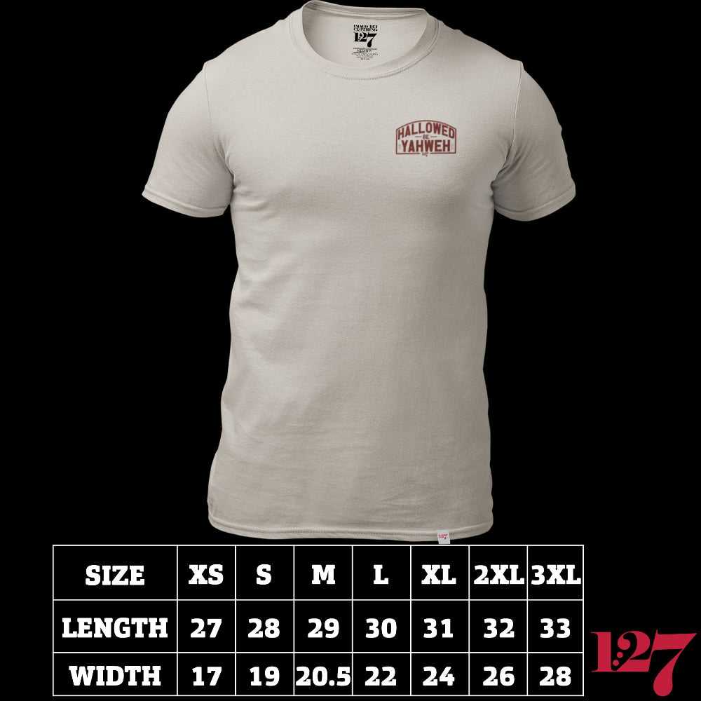Sand Colored t-shirt with front design the says Hallowed Be Yahweh, full back design says Hallowed be Yahweh.