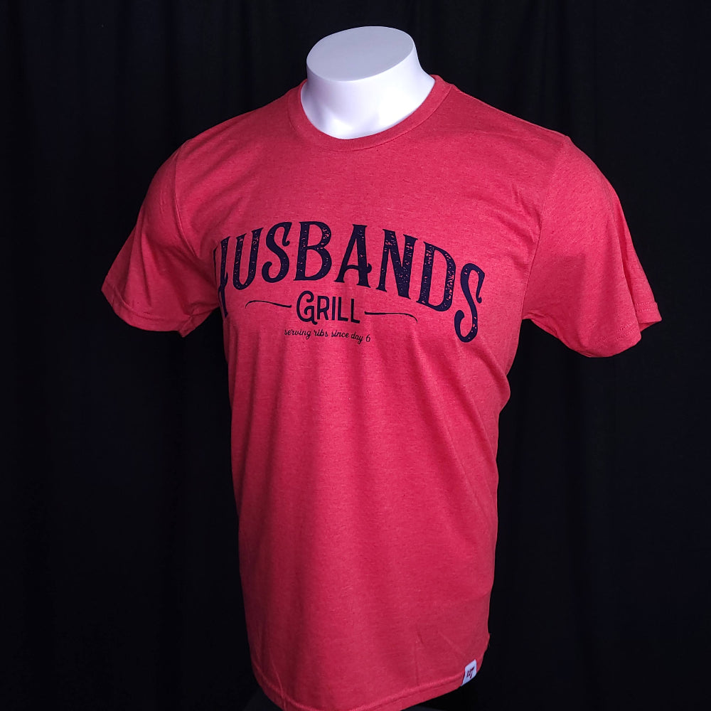 Red shirt that reads Husbands Grill across the chest.