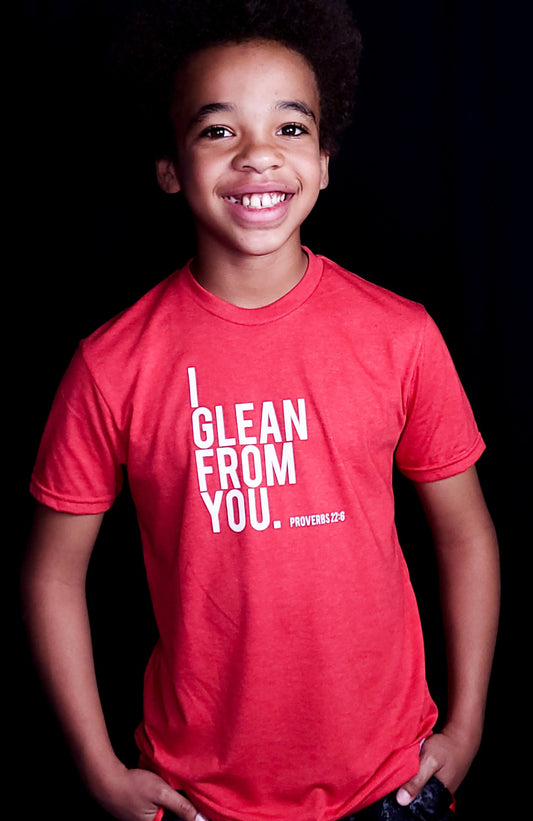 I Glean from you. Young man wearing red I glean from you Christian t-shirt.