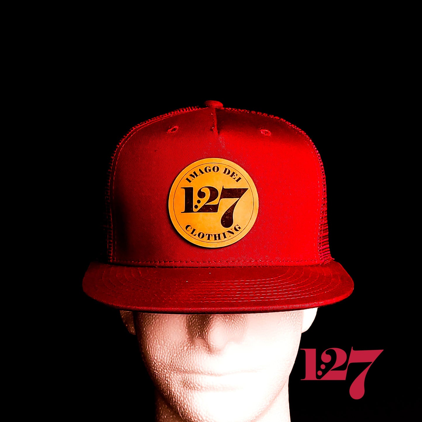 1:27 Hat, Maroon Trucker Hat, Christian Hats, Leather Patch
