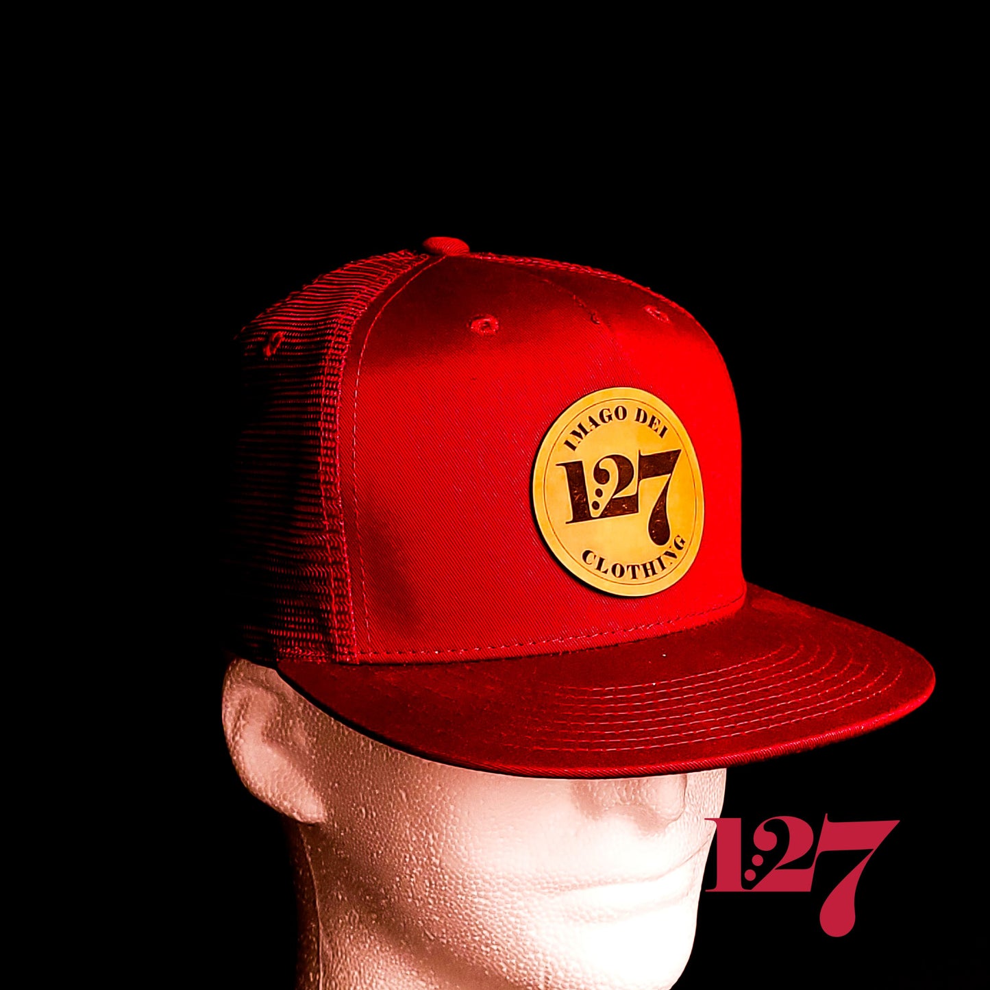 1:27 Hat, Maroon Trucker Hat, Christian Hats, Leather Patch