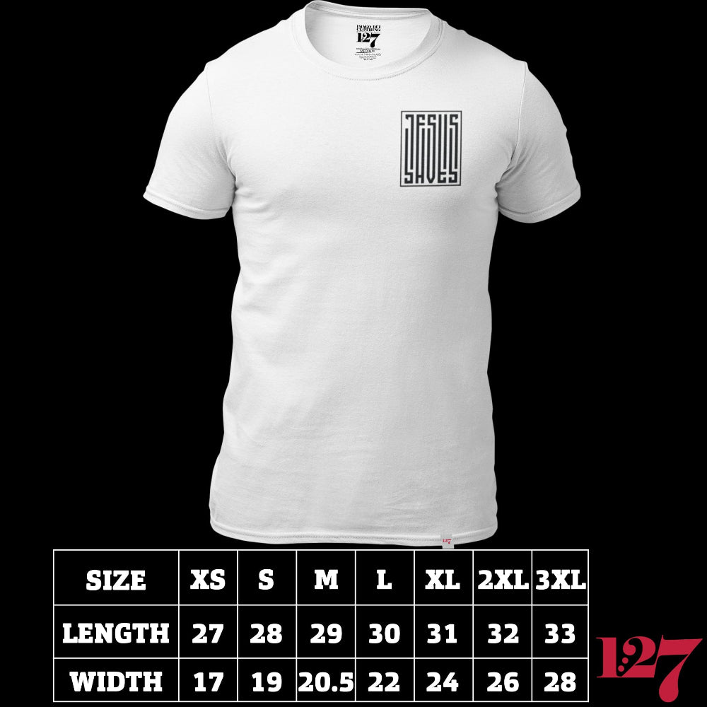 T-shirt with a barcode that says Jesus Saves on the left chest and fully down the back of the shirt.