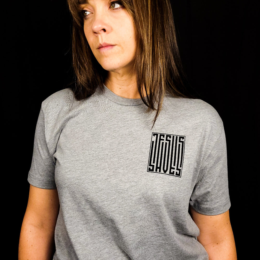 T-shirt with a barcode that says Jesus Saves on the left chest and fully down the back of the shirt.
