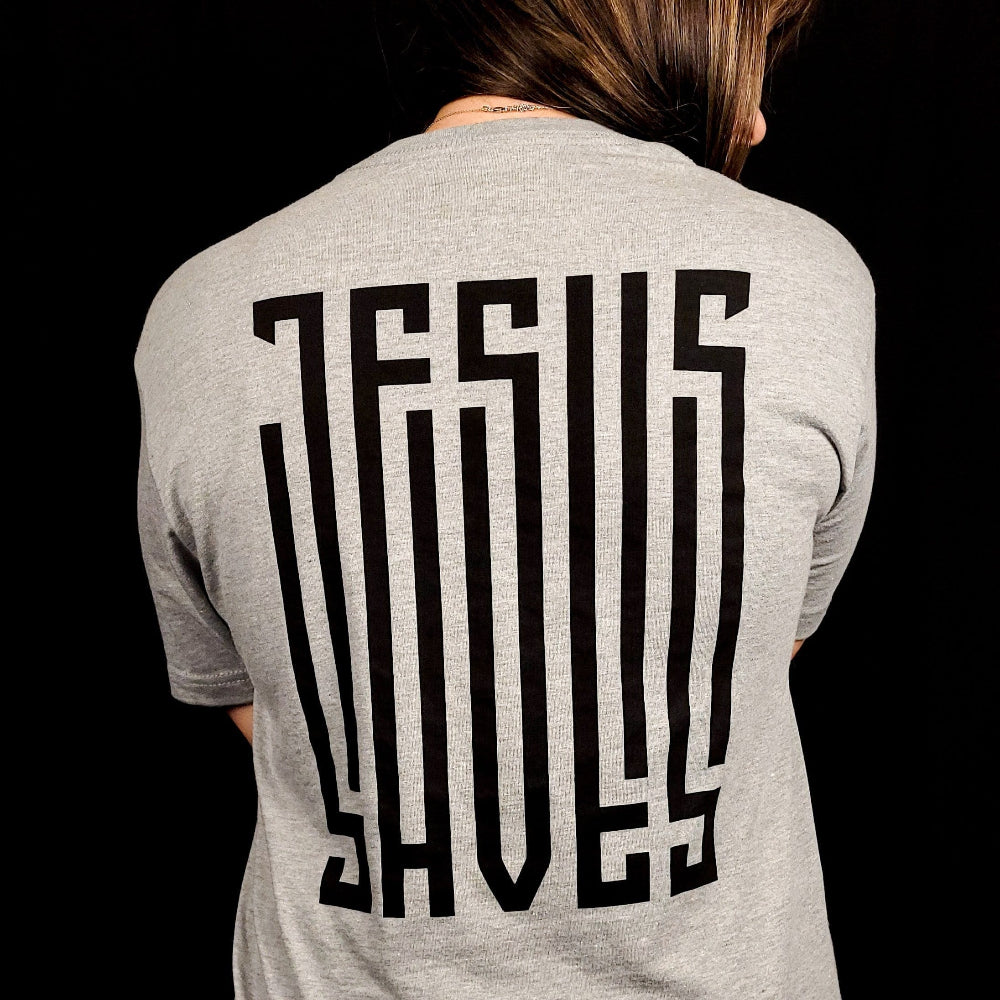 T-shirt with a barcode that says Jesus Saves on the left chest and fully down the back of the shirt.