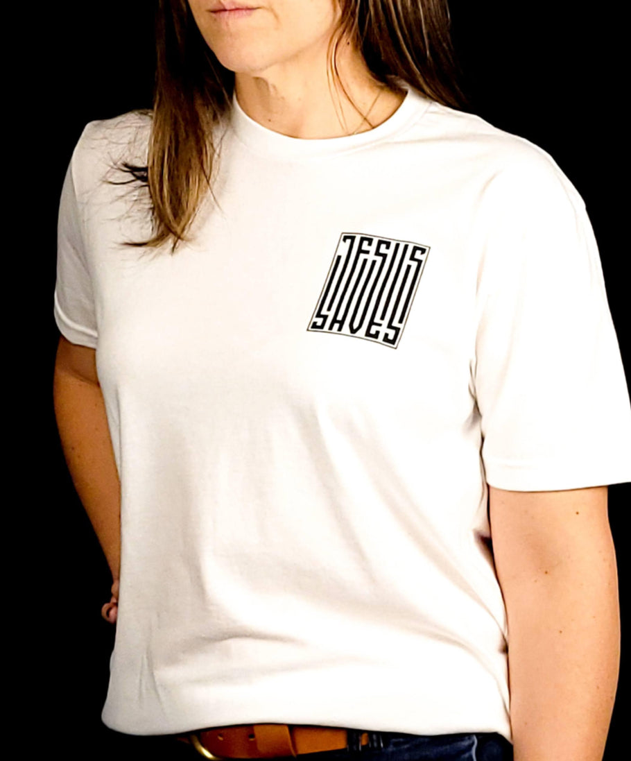 T-shirt with a barcode that says Jesus Saves on the left chest and fully down the back of the shirt.