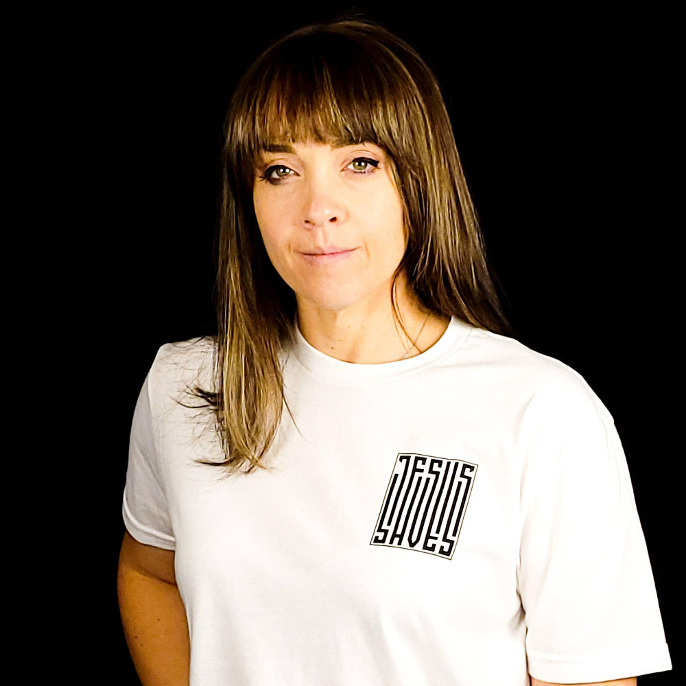 T-shirt with a barcode that says Jesus Saves on the left chest and fully down the back of the shirt.