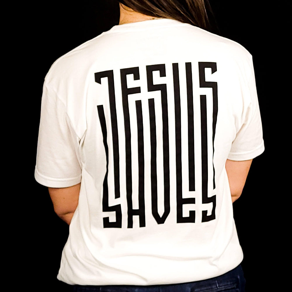 T-shirt with a barcode that says Jesus Saves on the left chest and fully down the back of the shirt.